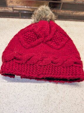 Nirvanna Designs Woman’s Hand Knit Merino Wool Red Fleece Lined Beanie with Pom